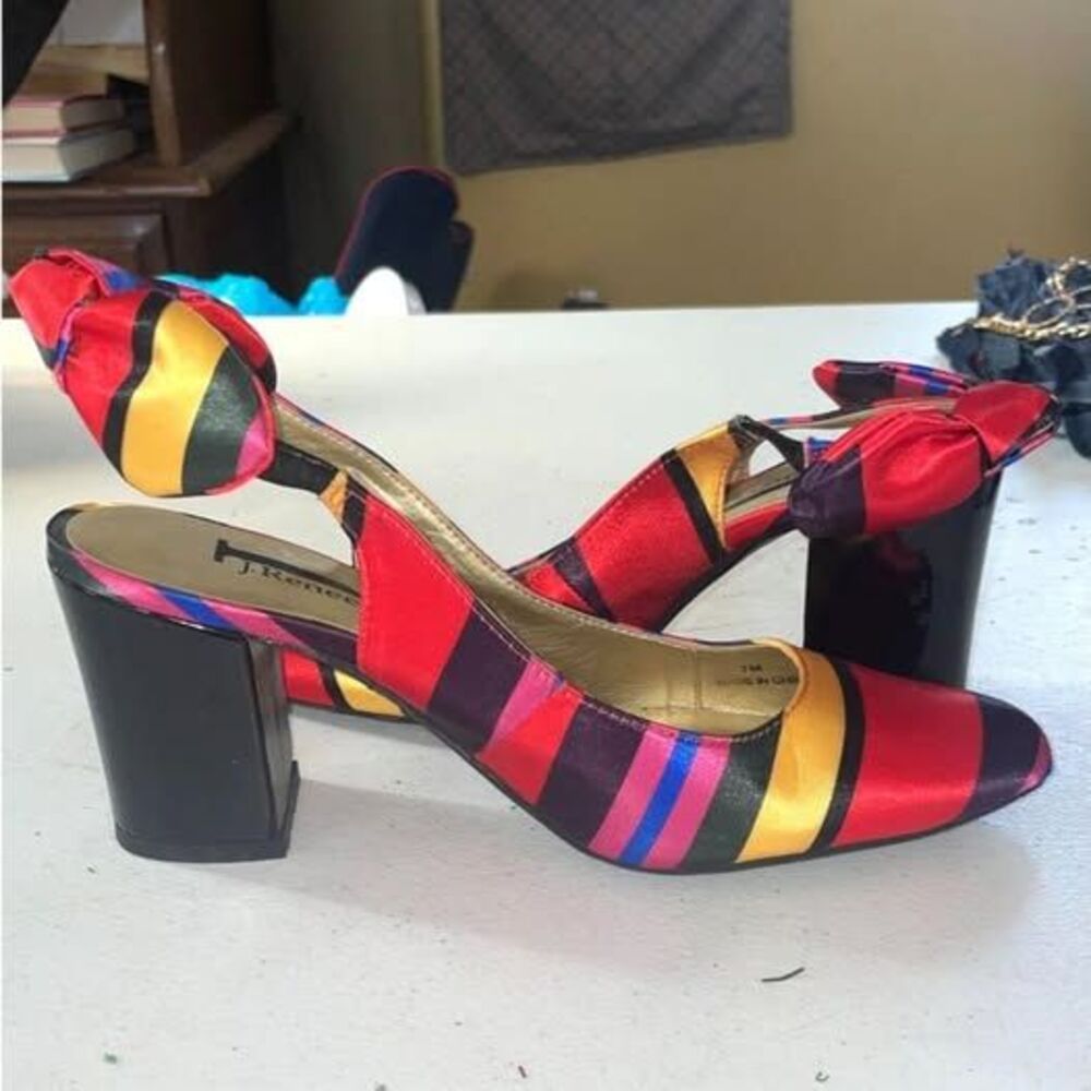 J. Renee Cipriana Womens 7M Multicolor Silk Striped Bow Slingback Block Heels